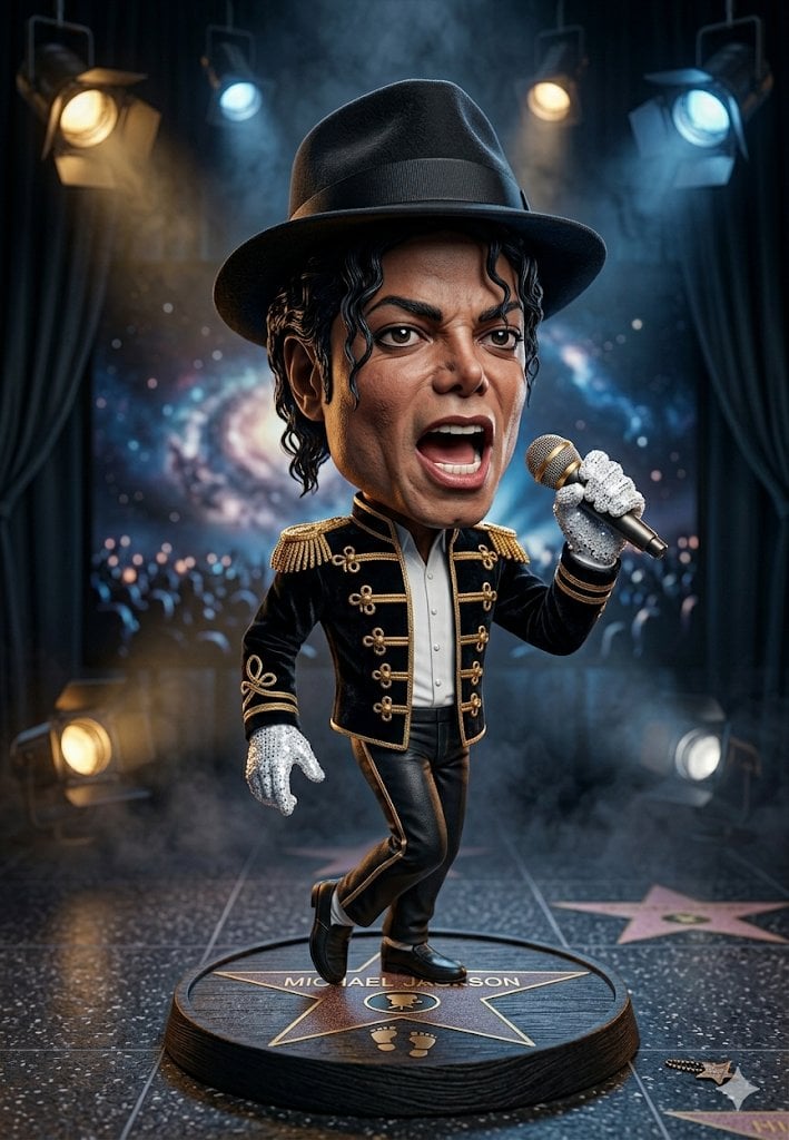 A hyper-detailed 3D caricature figurine of a legendary pop m