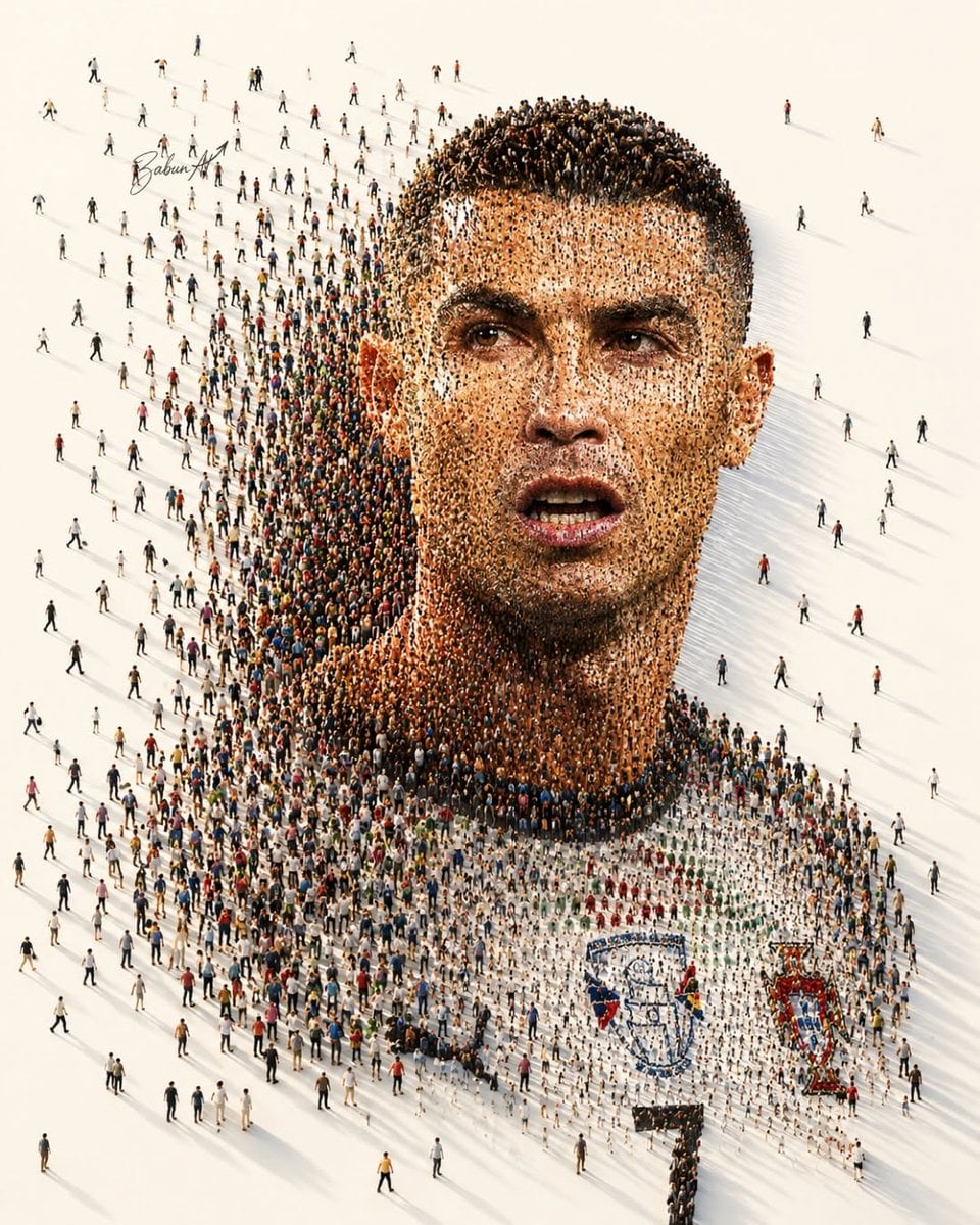 Ultra-detailed crowd mosaic portrait of a legendary football