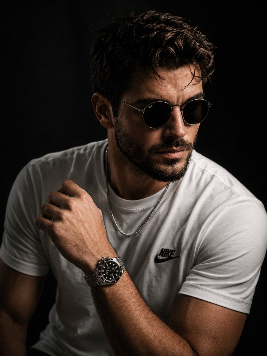 Ultra-realistic luxury male portrait, inspired by a fusion o