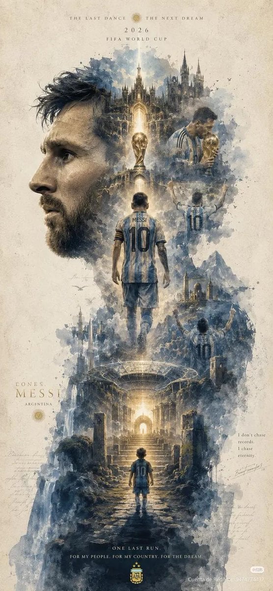 Epic cinematic watercolor poster of Lionel Messi, giant side